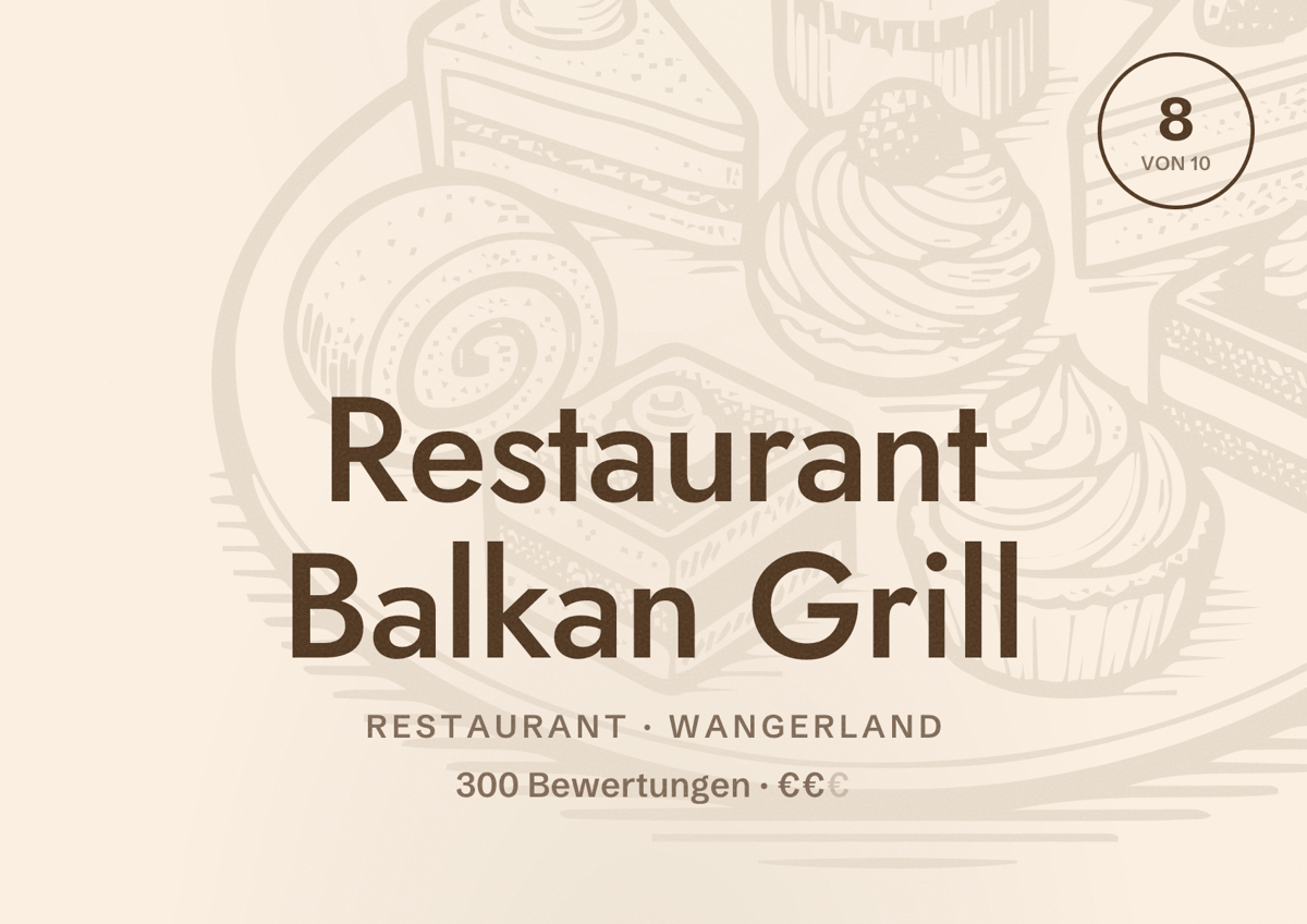 Illustriertes Poster von Restaurant Balkan Grill, Restaurant in Wangerland: Bewertung 8 von 10 aus 300 Bewertungen, Preisniveau €€