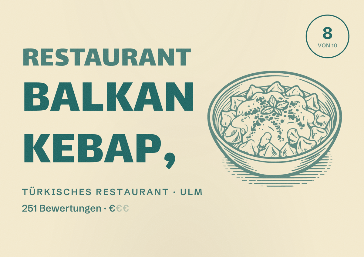 Illustriertes Poster von Restaurant Balkan Kebap,, Türkisches Restaurant in Ulm: Bewertung 8 von 10 aus 251 Bewertungen, Preisniveau €