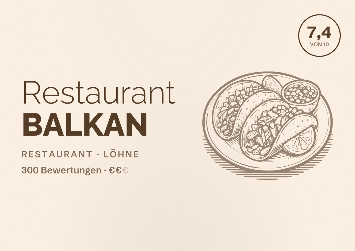 Illustriertes Poster von Restaurant BALKAN, Restaurant in Löhne: Bewertung 7,4 von 10 aus 300 Bewertungen, Preisniveau €€