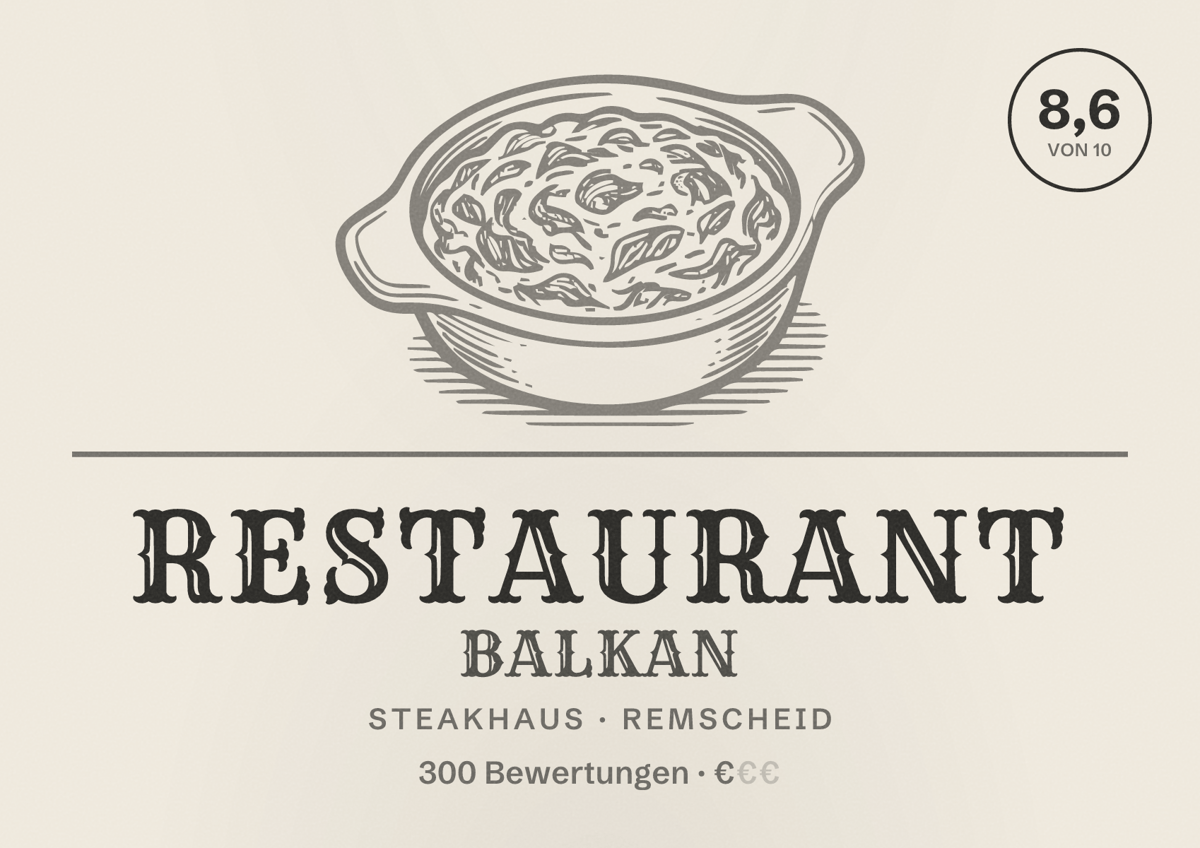 Illustriertes Poster von Restaurant Balkan, Steakhaus in Remscheid: Bewertung 8,6 von 10 aus 300 Bewertungen, Preisniveau €