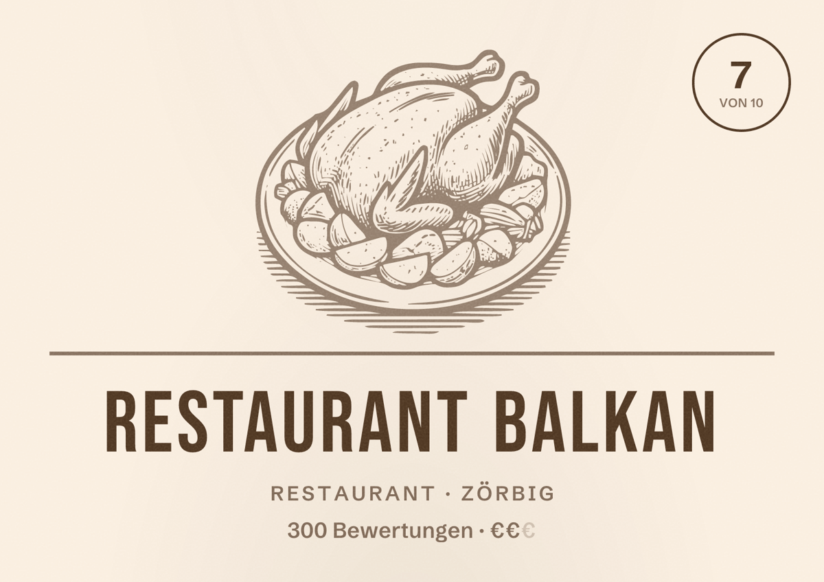 Illustriertes Poster von Restaurant Balkan, Restaurant in Zörbig: Bewertung 7 von 10 aus 300 Bewertungen, Preisniveau €€