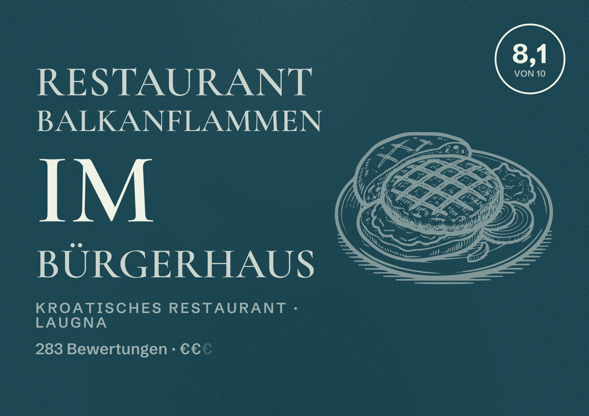 Illustriertes Poster von Restaurant Balkanflammen im Bürgerhaus, Kroatisches Restaurant in Laugna: Bewertung 8,1 von 10 aus 283 Bewertungen, Preisniveau €€