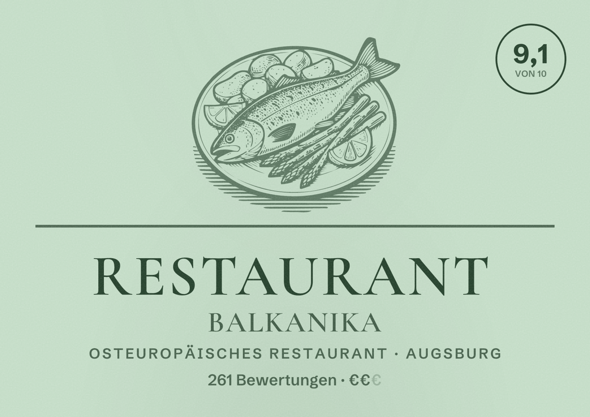 Illustriertes Poster von Restaurant Balkanika, Osteuropäisches Restaurant in Augsburg: Bewertung 9,1 von 10 aus 261 Bewertungen, Preisniveau €€