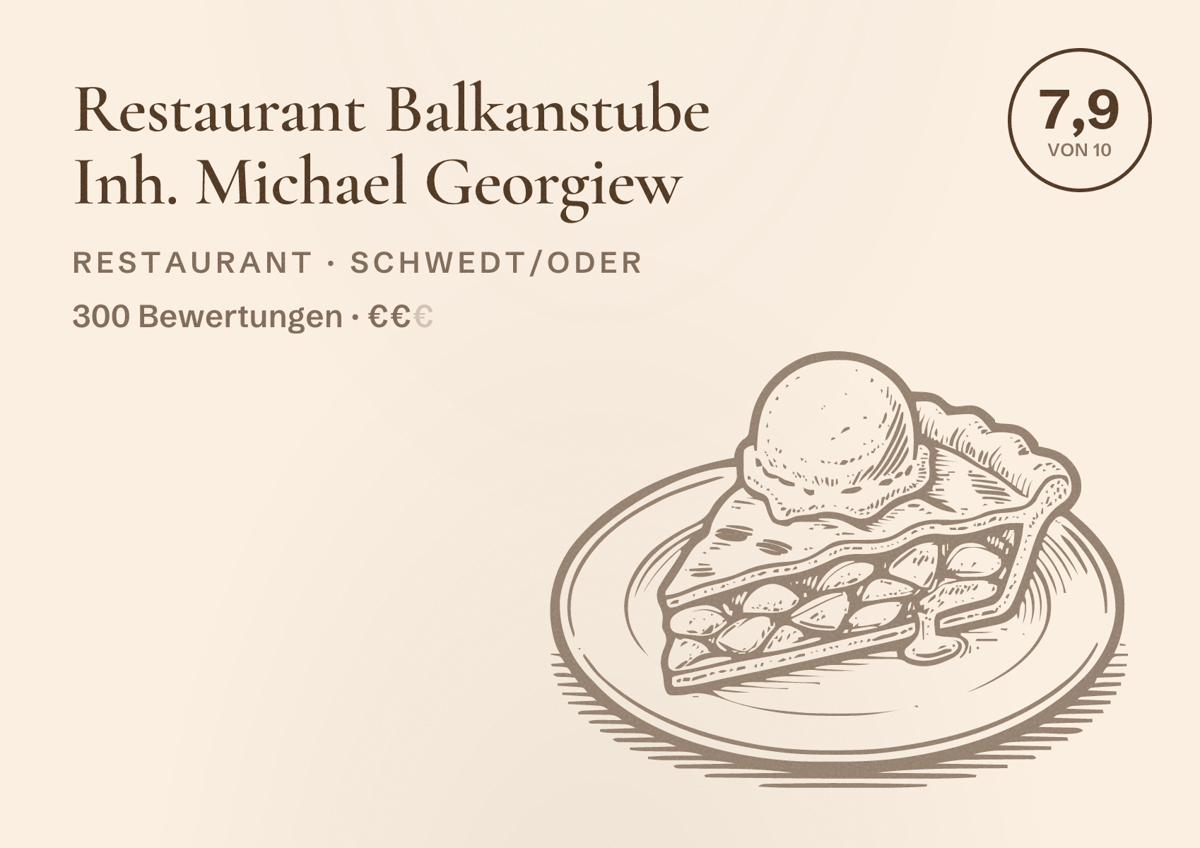 Illustriertes Poster von Restaurant Balkanstube Inh. Michael Georgiew, Restaurant in Schwedt/Oder: Bewertung 7,9 von 10 aus 300 Bewertungen, Preisniveau €€