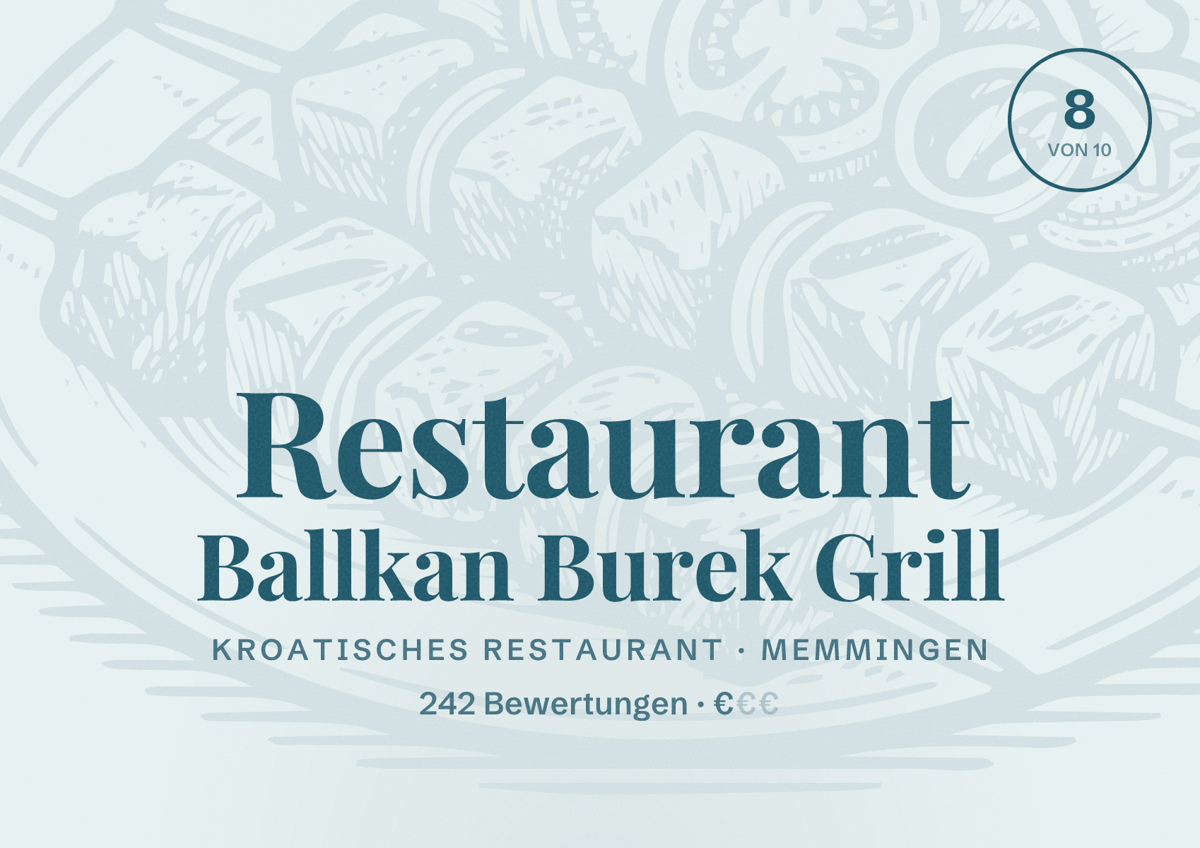 Illustriertes Poster von Restaurant Ballkan Burek Grill, Kroatisches Restaurant in Memmingen: Bewertung 8 von 10 aus 242 Bewertungen, Preisniveau €