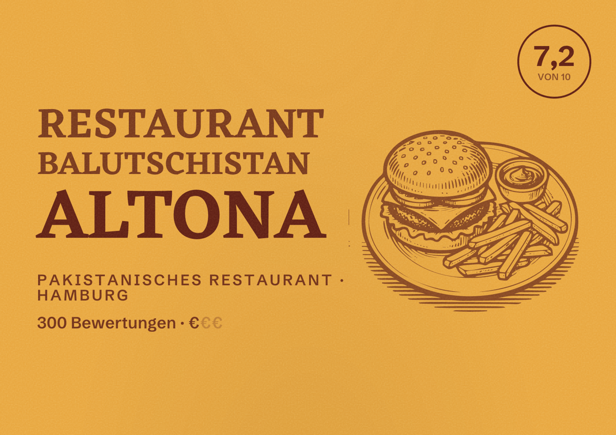 Illustriertes Poster von Restaurant Balutschistan Altona, Pakistanisches Restaurant in Hamburg: Bewertung 7,2 von 10 aus 300 Bewertungen, Preisniveau €