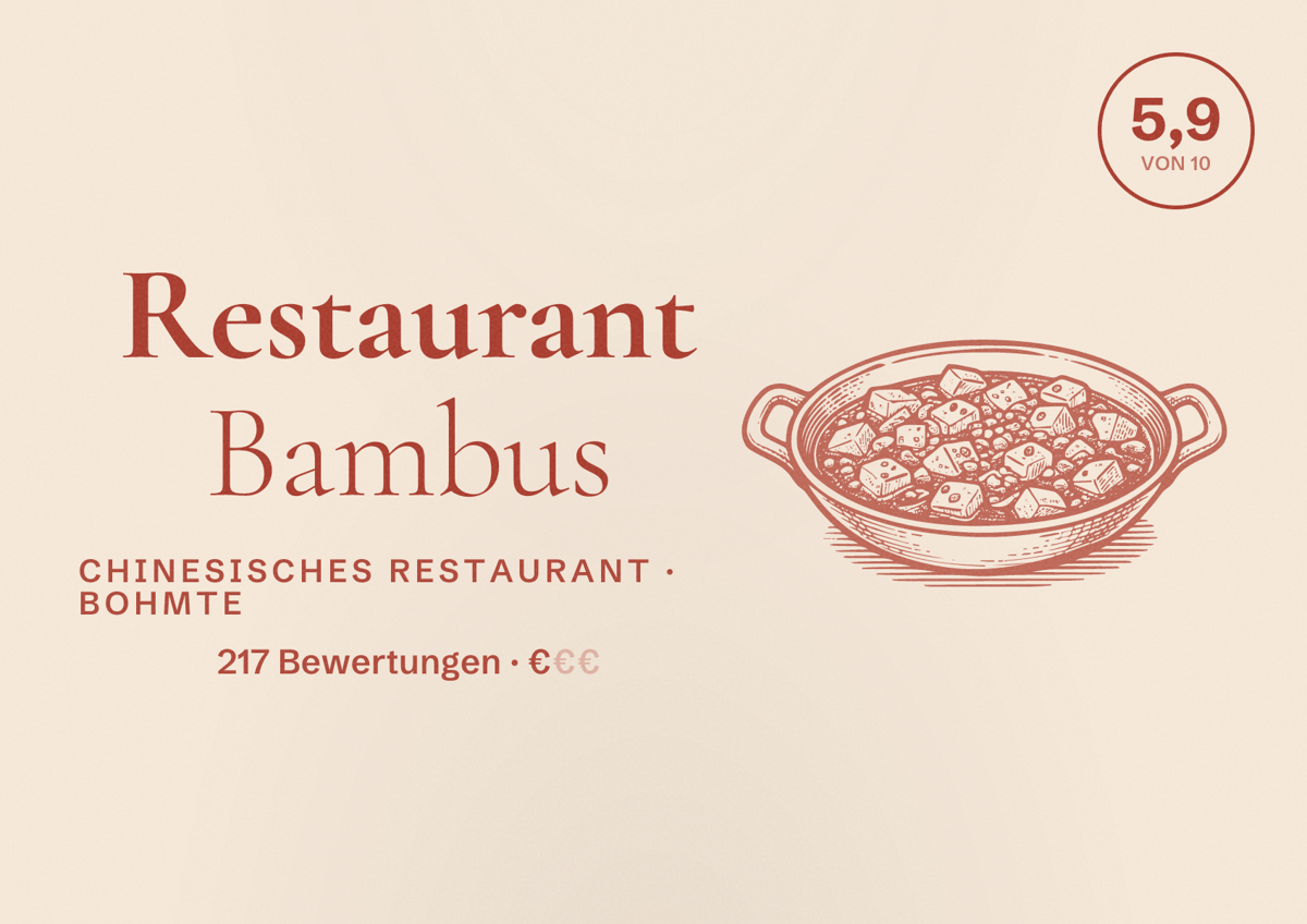 Illustriertes Poster von Restaurant Bambus, Chinesisches Restaurant in Bohmte: Bewertung 5,9 von 10 aus 217 Bewertungen, Preisniveau €