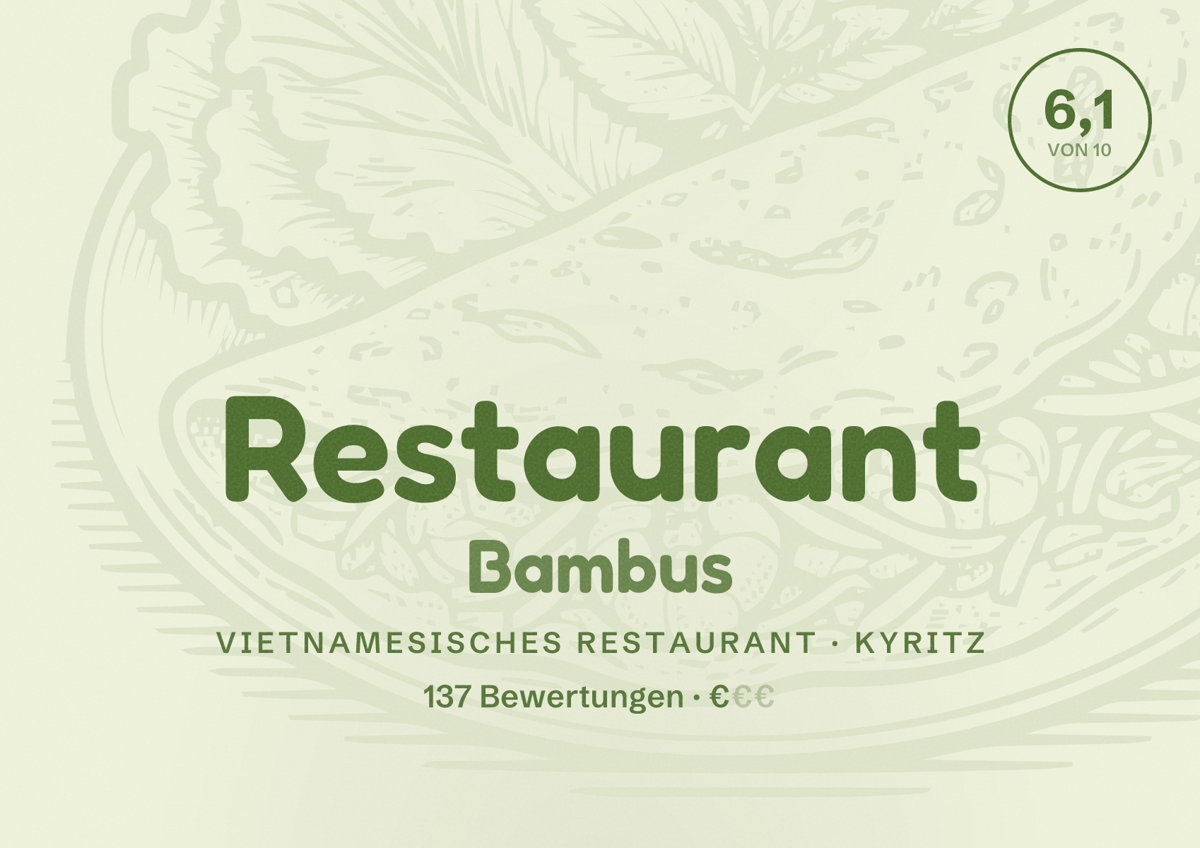 Illustriertes Poster von Restaurant Bambus, Vietnamesisches Restaurant in Kyritz: Bewertung 6,1 von 10 aus 137 Bewertungen, Preisniveau €