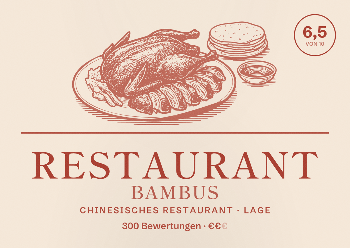 Illustriertes Poster von Restaurant Bambus, Chinesisches Restaurant in Lage: Bewertung 6,5 von 10 aus 300 Bewertungen, Preisniveau €€