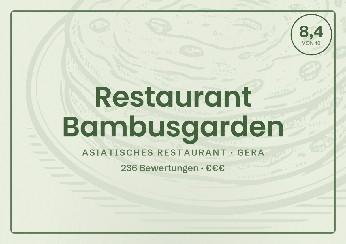 Illustriertes Poster von Restaurant Bambusgarden, Asiatisches Restaurant in Gera: Bewertung 8,4 von 10 aus 236 Bewertungen, Preisniveau €€€