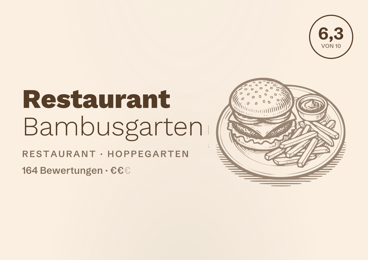 Illustriertes Poster von Restaurant Bambusgarten, Restaurant in Hoppegarten: Bewertung 6,3 von 10 aus 164 Bewertungen, Preisniveau €€