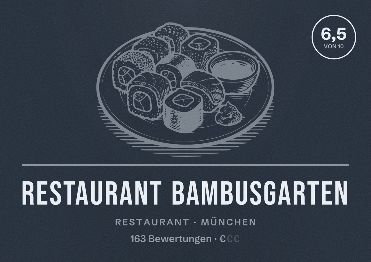Illustriertes Poster von Restaurant Bambusgarten, Restaurant in München: Bewertung 6,5 von 10 aus 163 Bewertungen, Preisniveau €