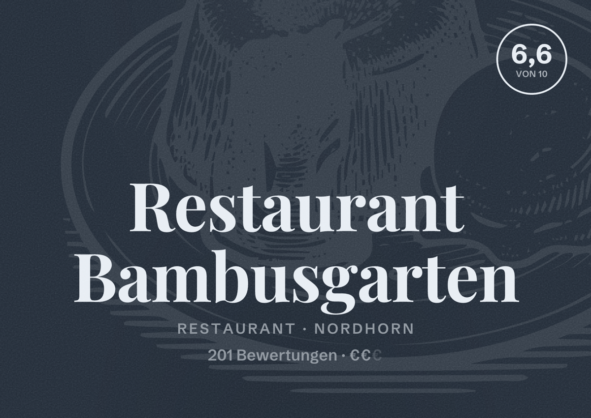 Illustriertes Poster von Restaurant Bambusgarten, Restaurant in Nordhorn: Bewertung 6,6 von 10 aus 201 Bewertungen, Preisniveau €€