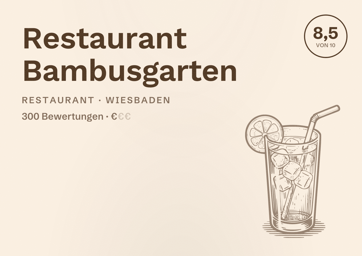 Illustriertes Poster von Restaurant Bambusgarten, Restaurant in Wiesbaden: Bewertung 8,5 von 10 aus 300 Bewertungen, Preisniveau €