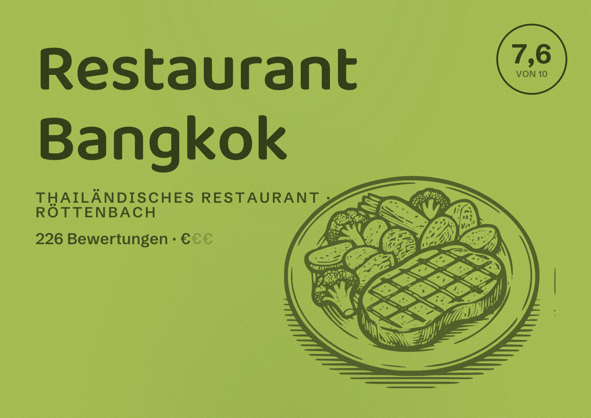 Illustriertes Poster von Restaurant Bangkok, Thailändisches Restaurant in Röttenbach: Bewertung 7,6 von 10 aus 226 Bewertungen, Preisniveau €
