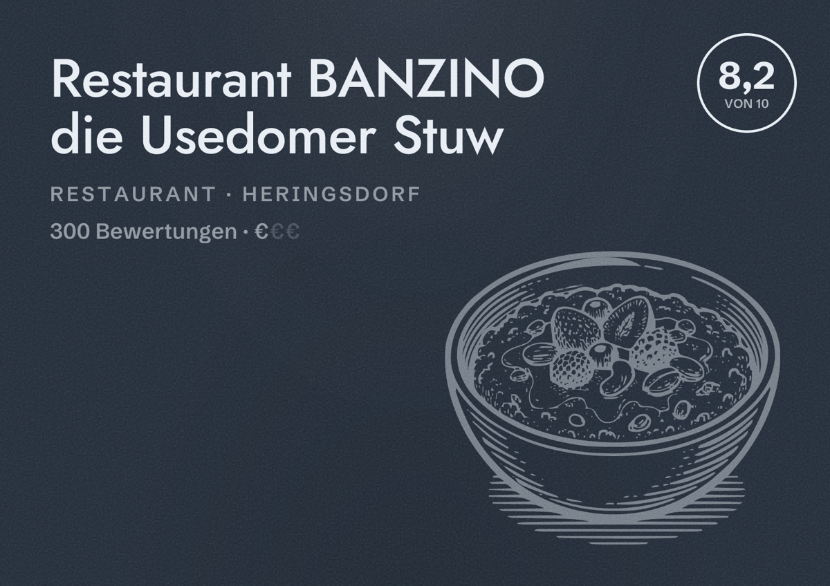 Illustriertes Poster von Restaurant BANZINO die Usedomer Stuw, Restaurant in Heringsdorf: Bewertung 8,2 von 10 aus 300 Bewertungen, Preisniveau €