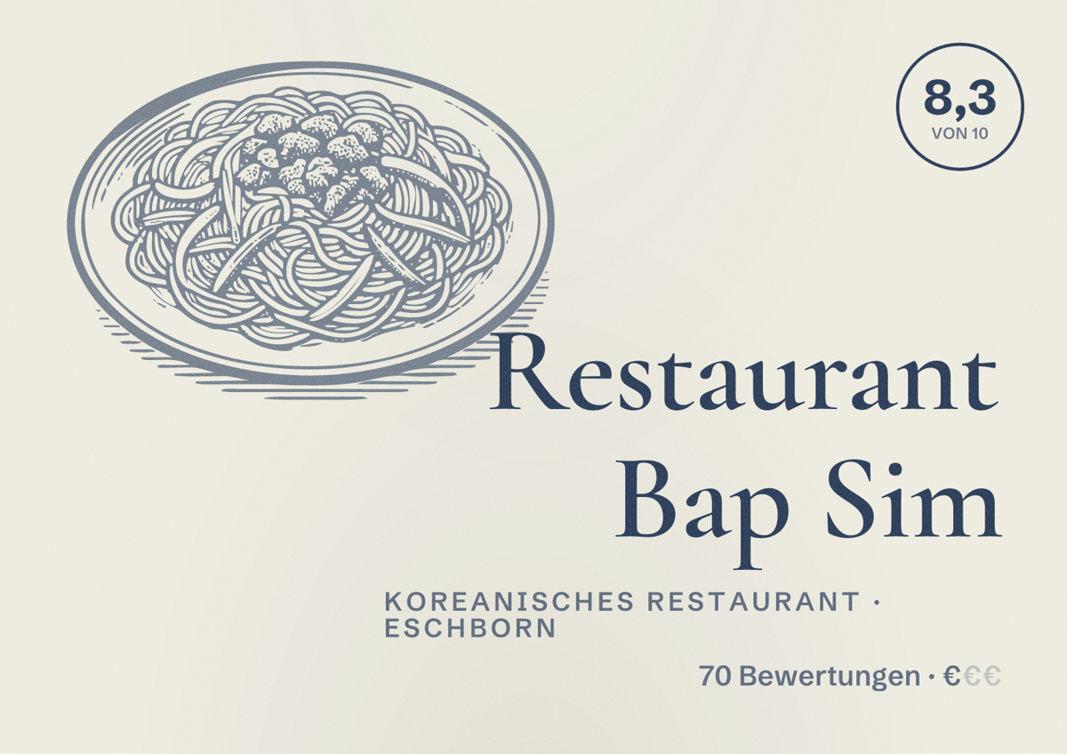 Illustriertes Poster von Restaurant Bap Sim, Koreanisches Restaurant in Eschborn: Bewertung 8,3 von 10 aus 70 Bewertungen, Preisniveau €