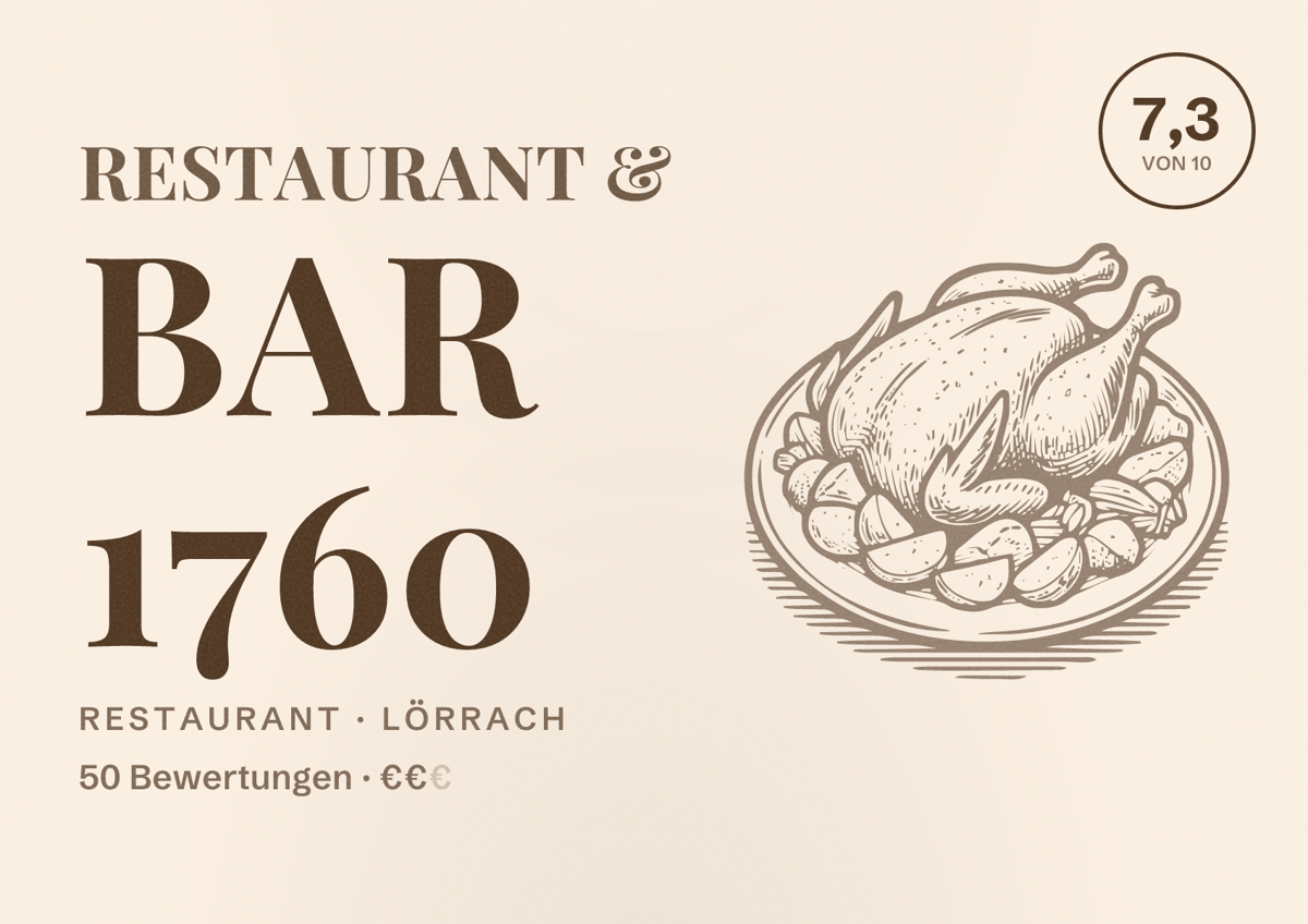 Illustriertes Poster von Restaurant & Bar 1760, Restaurant in Lörrach: Bewertung 7,3 von 10 aus 50 Bewertungen, Preisniveau €€