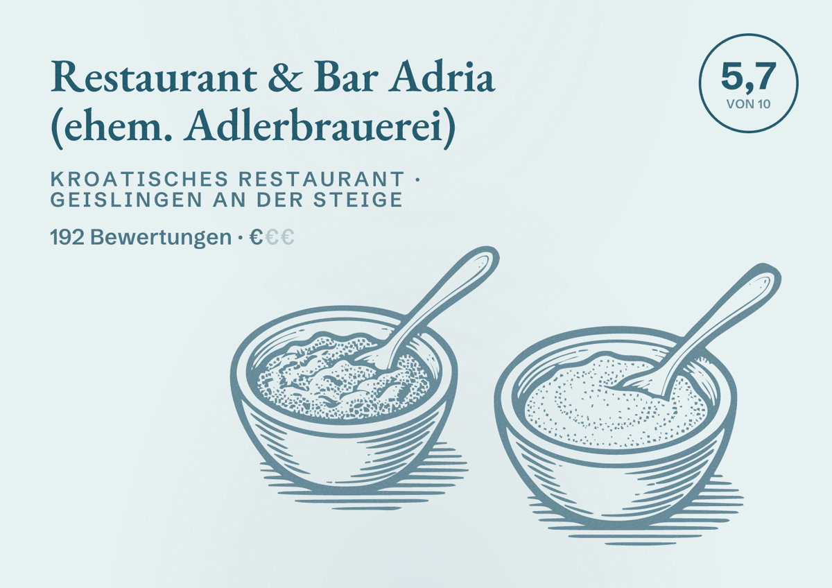 Illustriertes Poster von Restaurant & Bar Adria (ehem. Adlerbrauerei), Kroatisches Restaurant in Geislingen an der Steige: Bewertung 5,7 von 10 aus 192 Bewertungen, Preisniveau €