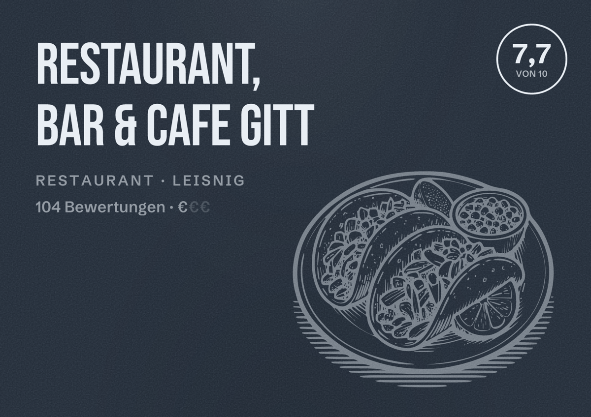 Illustriertes Poster von Restaurant, Bar & Cafe Gitt, Restaurant in Leisnig: Bewertung 7,7 von 10 aus 104 Bewertungen, Preisniveau €