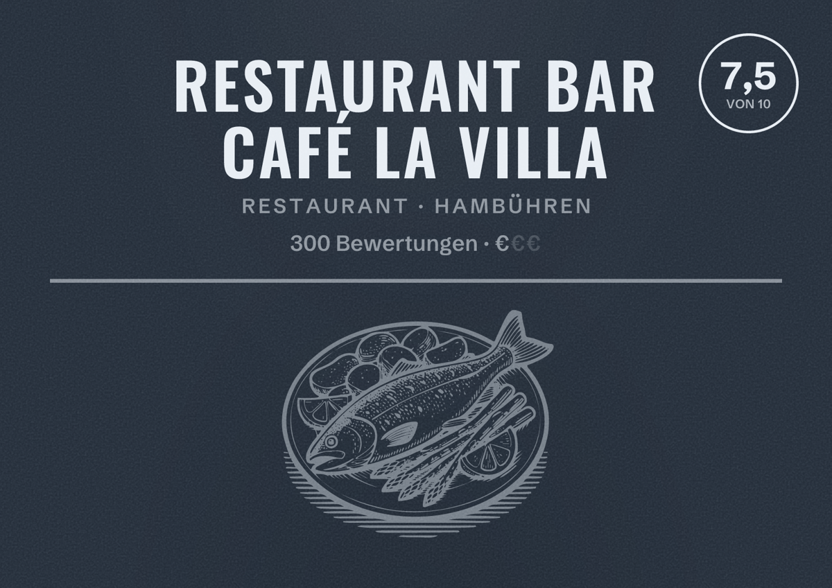 Illustriertes Poster von Restaurant Bar Café La Villa, Restaurant in Hambühren: Bewertung 7,5 von 10 aus 300 Bewertungen, Preisniveau €