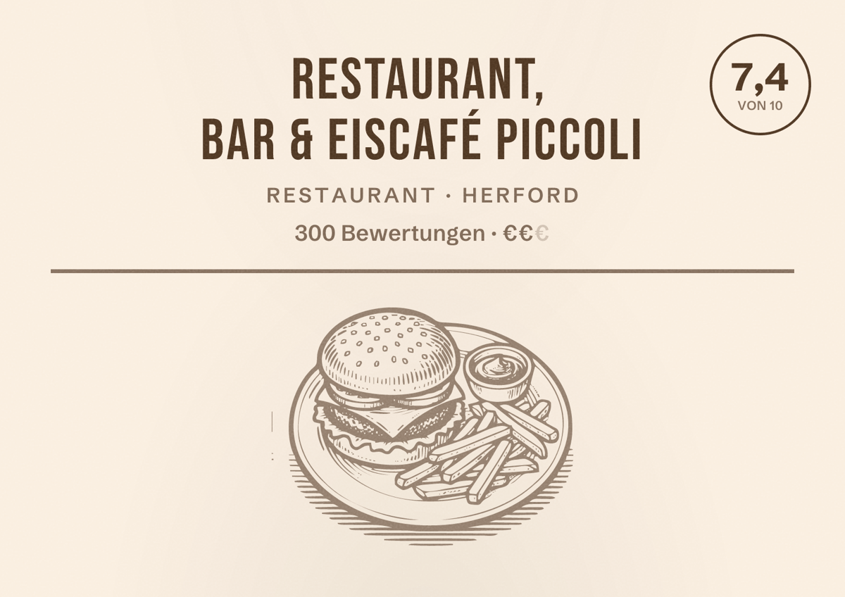 Illustriertes Poster von Restaurant, Bar & Eiscafé PICCOLI, Restaurant in Herford: Bewertung 7,4 von 10 aus 300 Bewertungen, Preisniveau €€