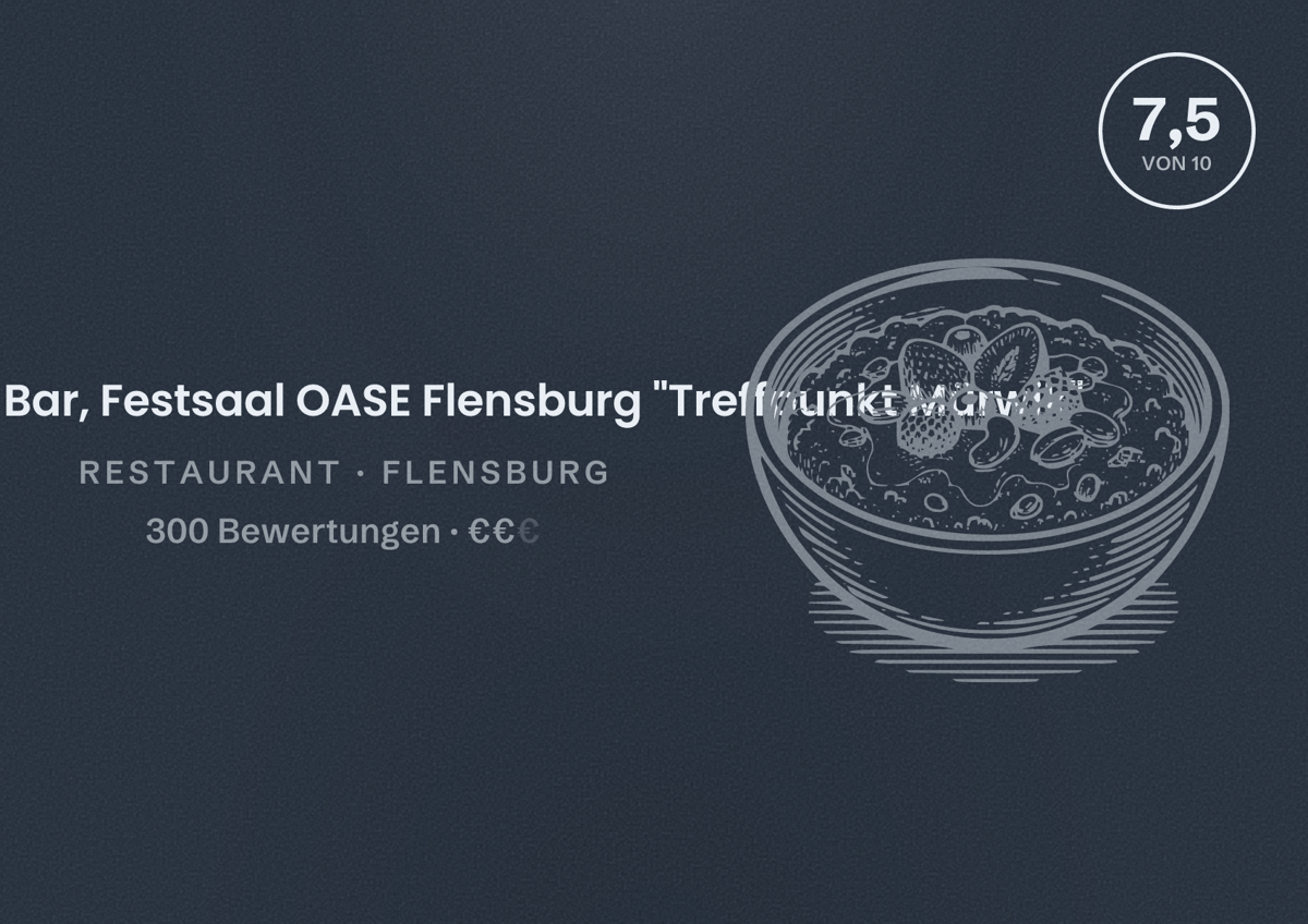 Illustriertes Poster von Restaurant, Bar, Festsaal OASE Flensburg "Treffpunkt Mürwik", Restaurant in Flensburg: Bewertung 7,5 von 10 aus 300 Bewertungen, Preisniveau €€