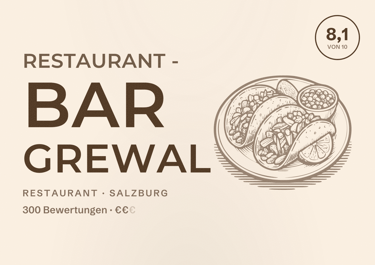 Illustriertes Poster von Restaurant - Bar Grewal, Restaurant in Salzburg: Bewertung 8,1 von 10 aus 300 Bewertungen, Preisniveau €€