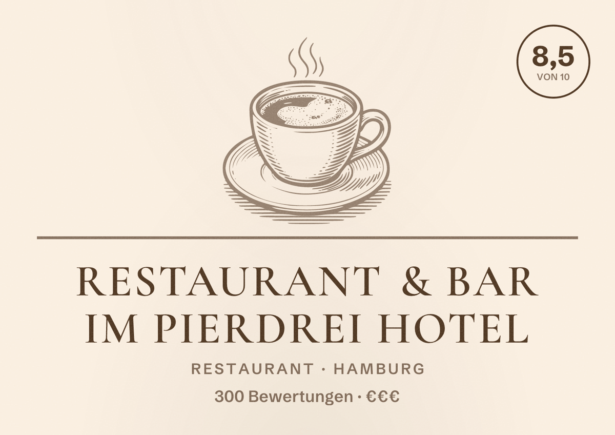 Illustriertes Poster von Restaurant & Bar im PIERDREI HOTEL, Restaurant in Hamburg: Bewertung 8,5 von 10 aus 300 Bewertungen, Preisniveau €€€