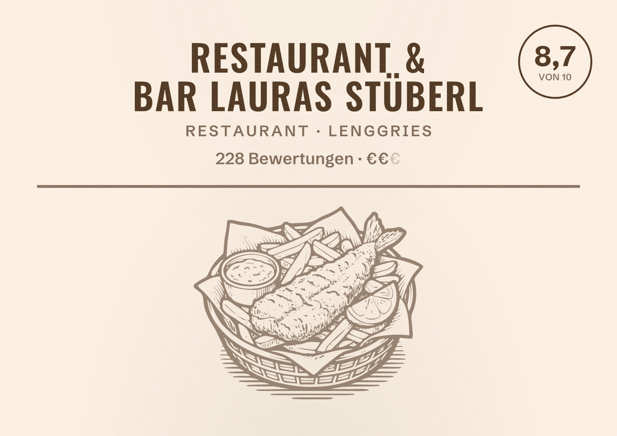 Illustriertes Poster von Restaurant & Bar Lauras Stüberl, Restaurant in Lenggries: Bewertung 8,7 von 10 aus 228 Bewertungen, Preisniveau €€