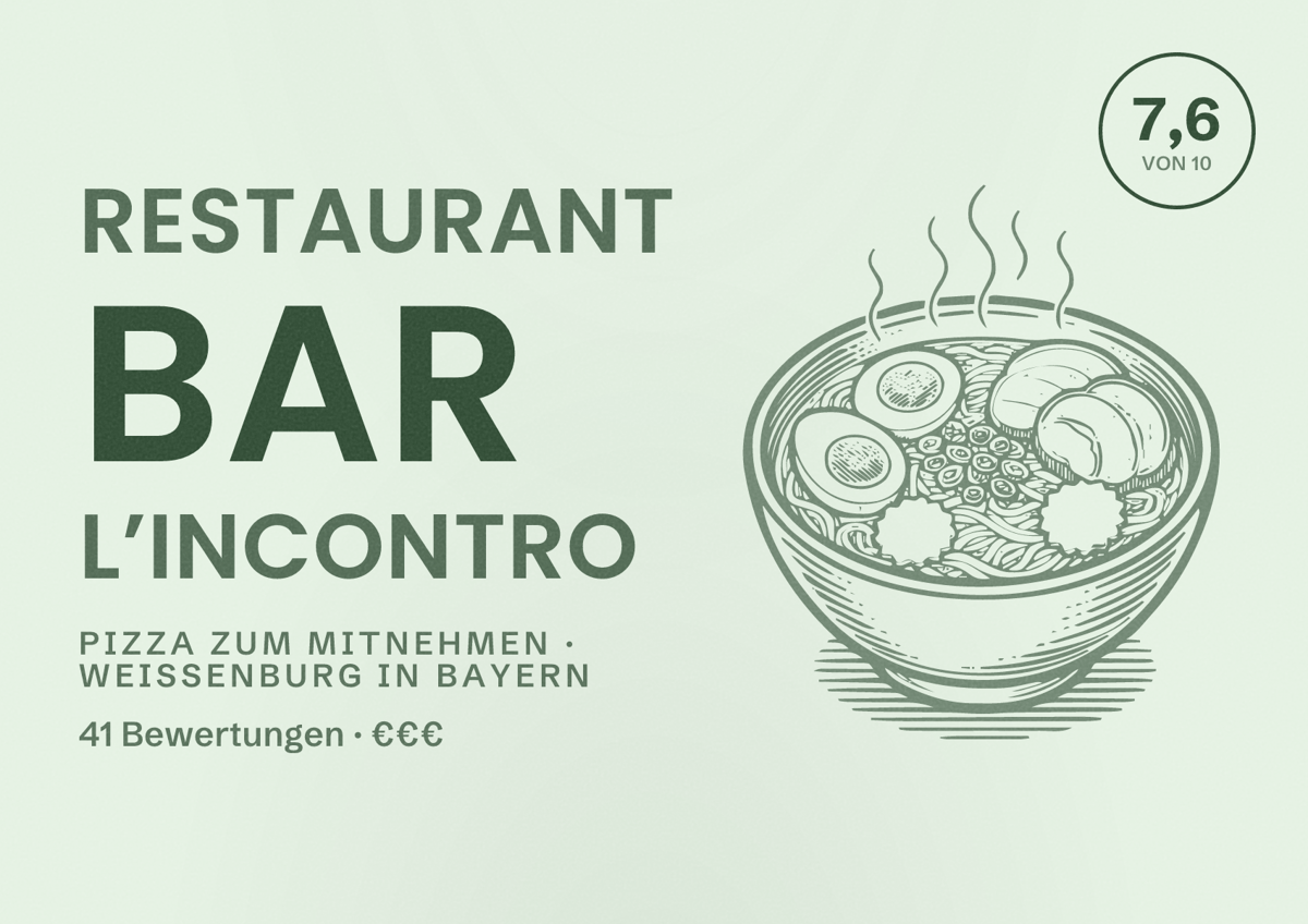 Illustriertes Poster von Restaurant Bar L’incontro, Pizza zum Mitnehmen in Weißenburg in Bayern: Bewertung 7,6 von 10 aus 41 Bewertungen, Preisniveau €€€