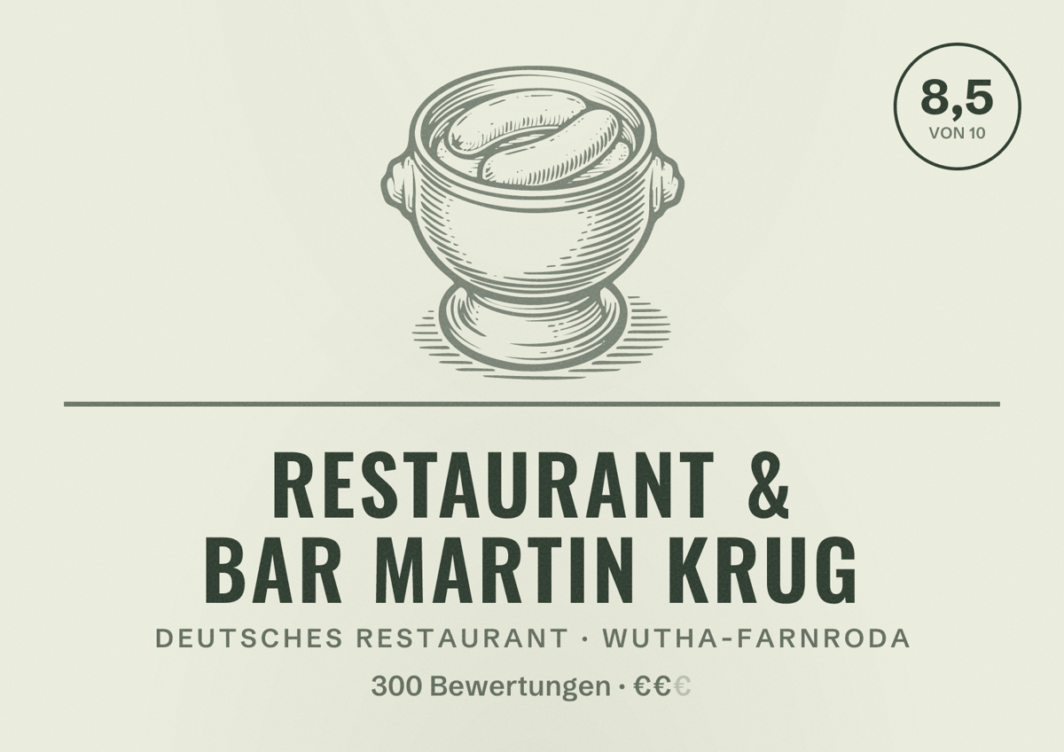 Illustriertes Poster von Restaurant & Bar Martin Krug, Deutsches Restaurant in Wutha-Farnroda: Bewertung 8,5 von 10 aus 300 Bewertungen, Preisniveau €€