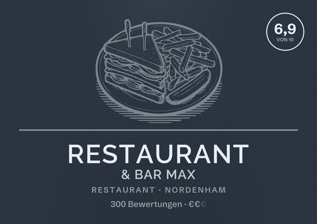 Illustriertes Poster von Restaurant & Bar MAX, Restaurant in Nordenham: Bewertung 6,9 von 10 aus 300 Bewertungen, Preisniveau €€
