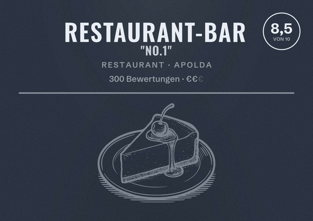 Illustriertes Poster von Restaurant-Bar "No.1", Restaurant in Apolda: Bewertung 8,5 von 10 aus 300 Bewertungen, Preisniveau €€