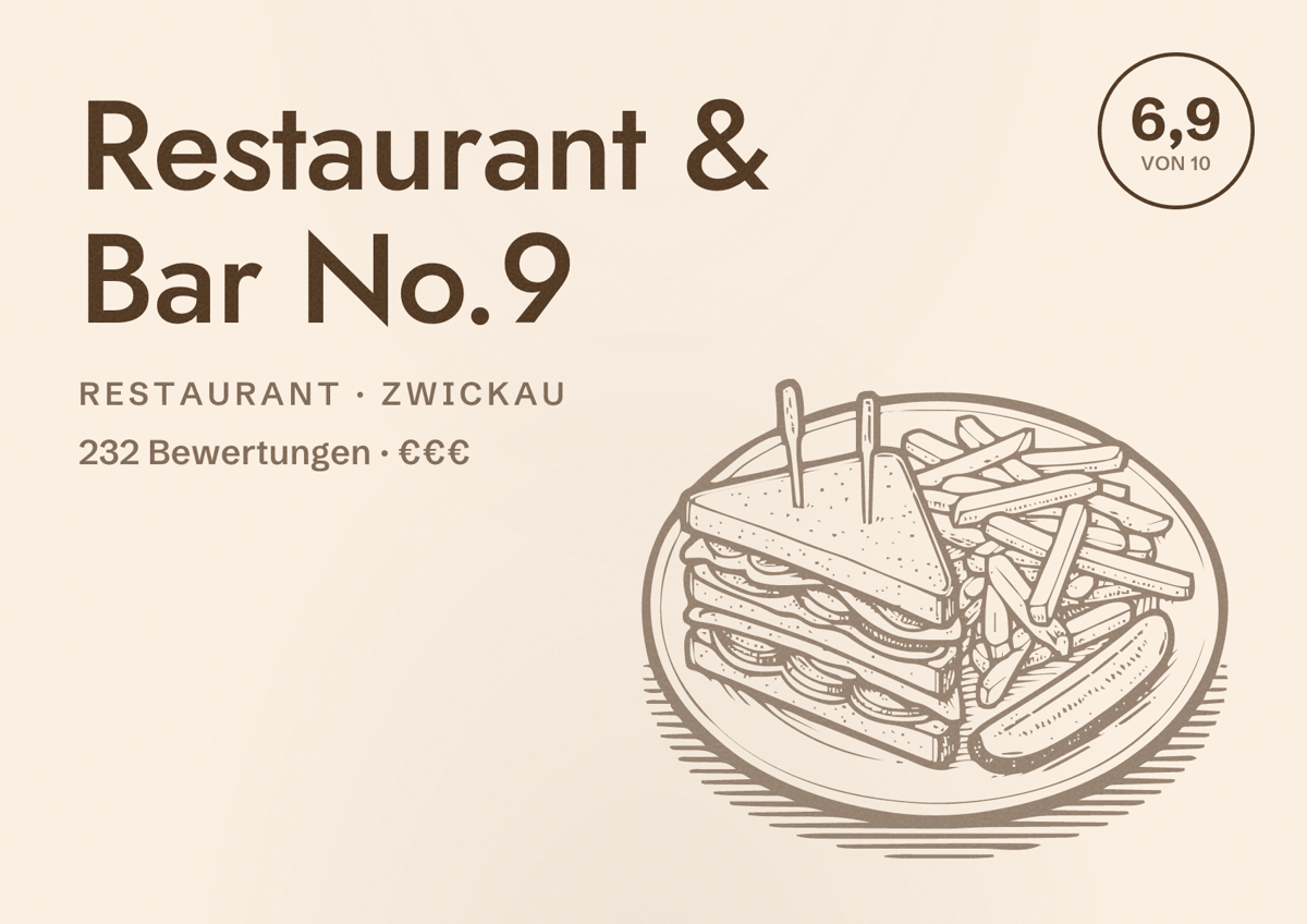 Illustriertes Poster von Restaurant & Bar No.9, Restaurant in Zwickau: Bewertung 6,9 von 10 aus 232 Bewertungen, Preisniveau €€€