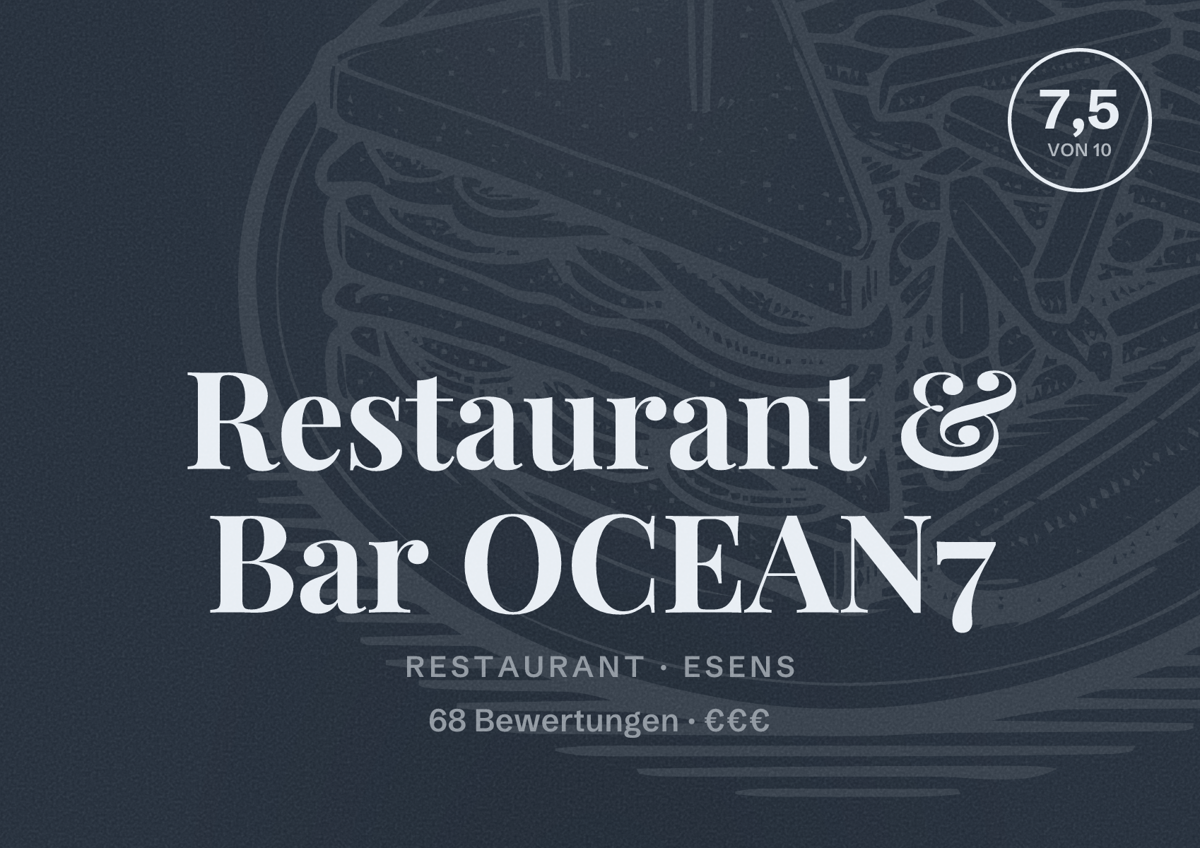 Illustriertes Poster von Restaurant & Bar OCEAN7, Restaurant in Esens: Bewertung 7,5 von 10 aus 68 Bewertungen, Preisniveau €€€