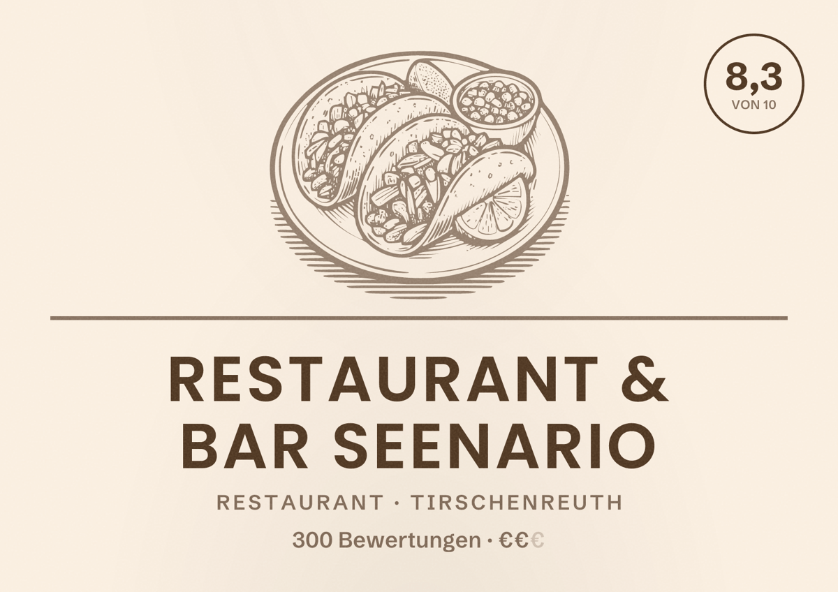 Illustriertes Poster von Restaurant & Bar Seenario, Restaurant in Tirschenreuth: Bewertung 8,3 von 10 aus 300 Bewertungen, Preisniveau €€