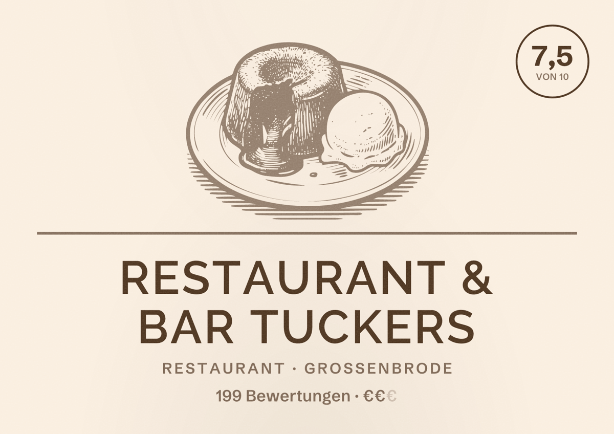Illustriertes Poster von Restaurant & Bar Tuckers, Restaurant in Großenbrode: Bewertung 7,5 von 10 aus 199 Bewertungen, Preisniveau €€