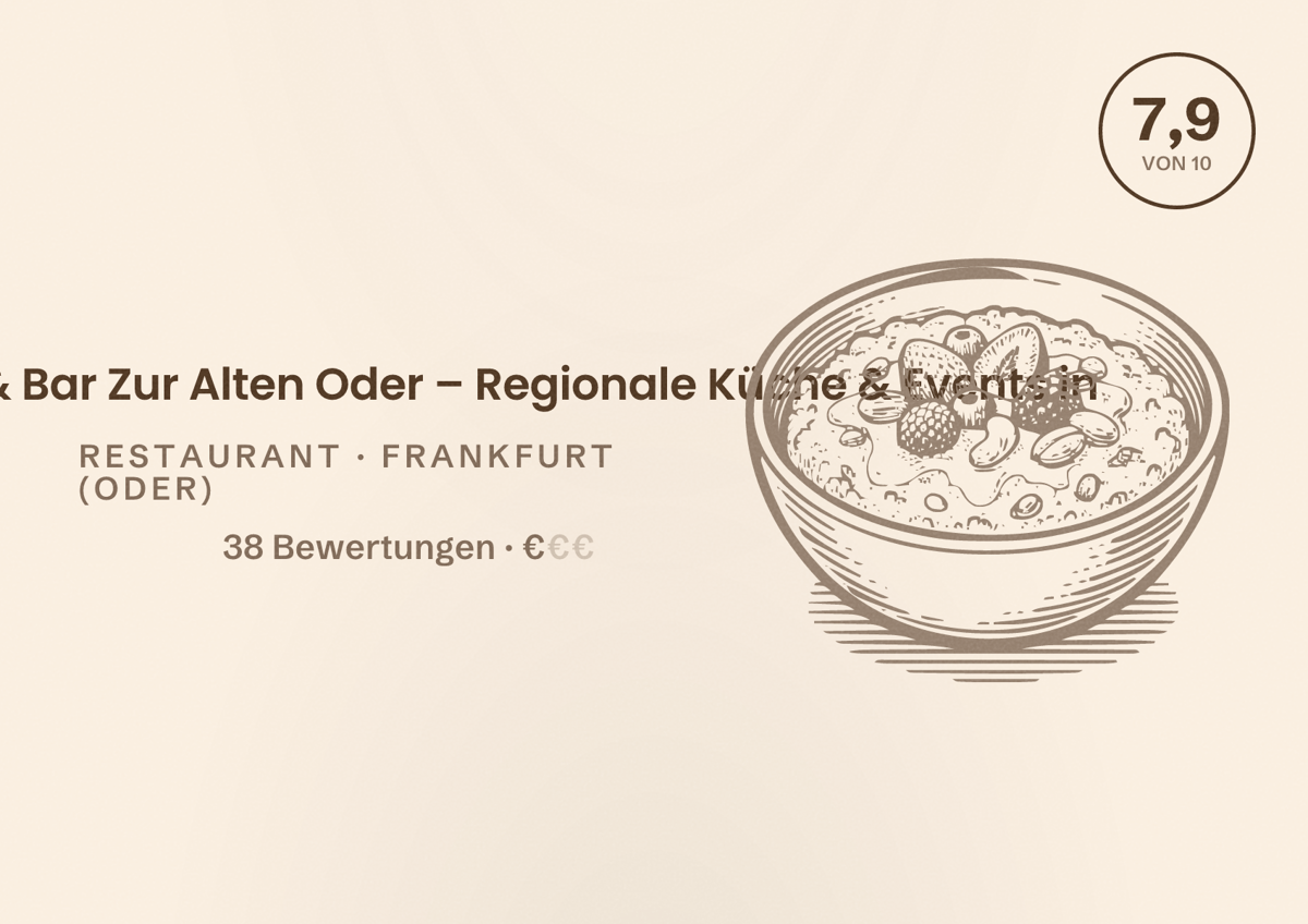 Illustriertes Poster von Restaurant & Bar Zur Alten Oder – Regionale Küche & Events in, Restaurant in Frankfurt (Oder): Bewertung 7,9 von 10 aus 38 Bewertungen, Preisniveau €
