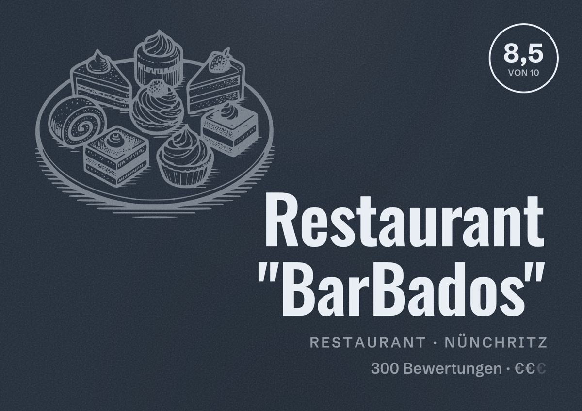 Illustriertes Poster von Restaurant "BarBados", Restaurant in Nünchritz: Bewertung 8,5 von 10 aus 300 Bewertungen, Preisniveau €€