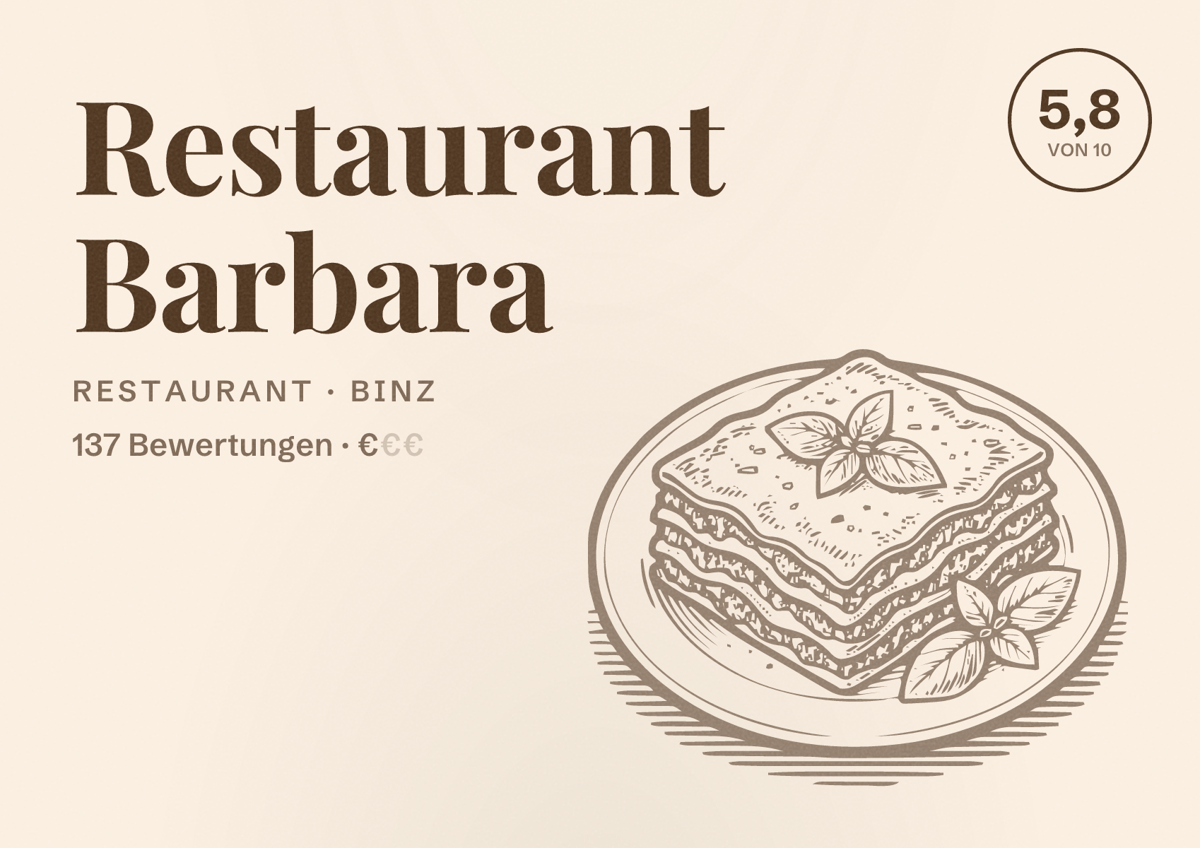 Illustriertes Poster von Restaurant Barbara, Restaurant in Binz: Bewertung 5,8 von 10 aus 137 Bewertungen, Preisniveau €