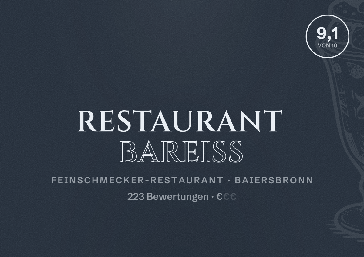 Illustriertes Poster von Restaurant Bareiss, Feinschmecker-Restaurant in Baiersbronn: Bewertung 9,1 von 10 aus 223 Bewertungen, Preisniveau €