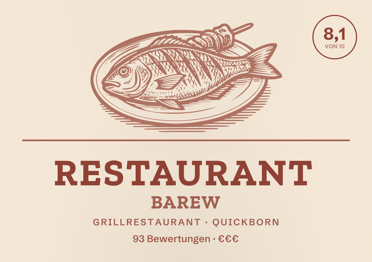 Illustriertes Poster von Restaurant Barew, Grillrestaurant in Quickborn: Bewertung 8,1 von 10 aus 93 Bewertungen, Preisniveau €€€