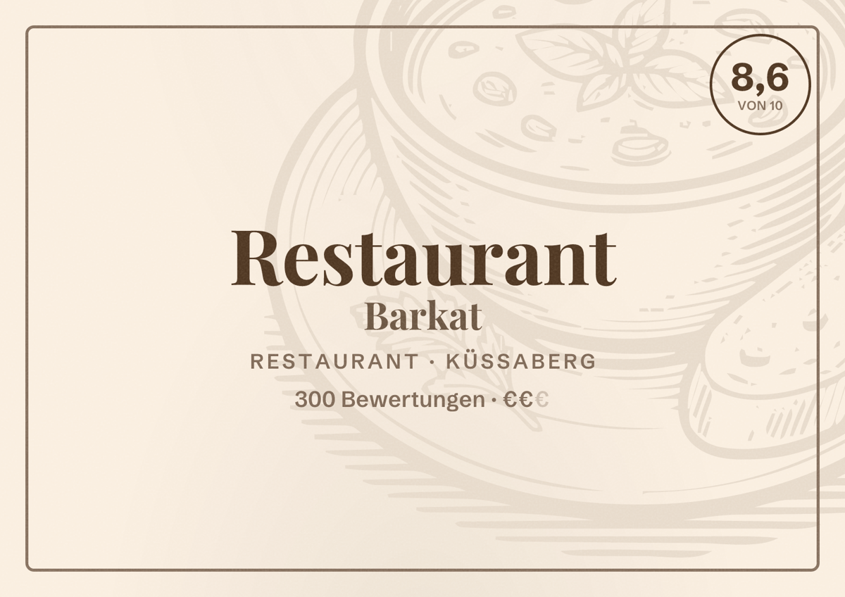Illustriertes Poster von Restaurant Barkat, Restaurant in Küssaberg: Bewertung 8,6 von 10 aus 300 Bewertungen, Preisniveau €€