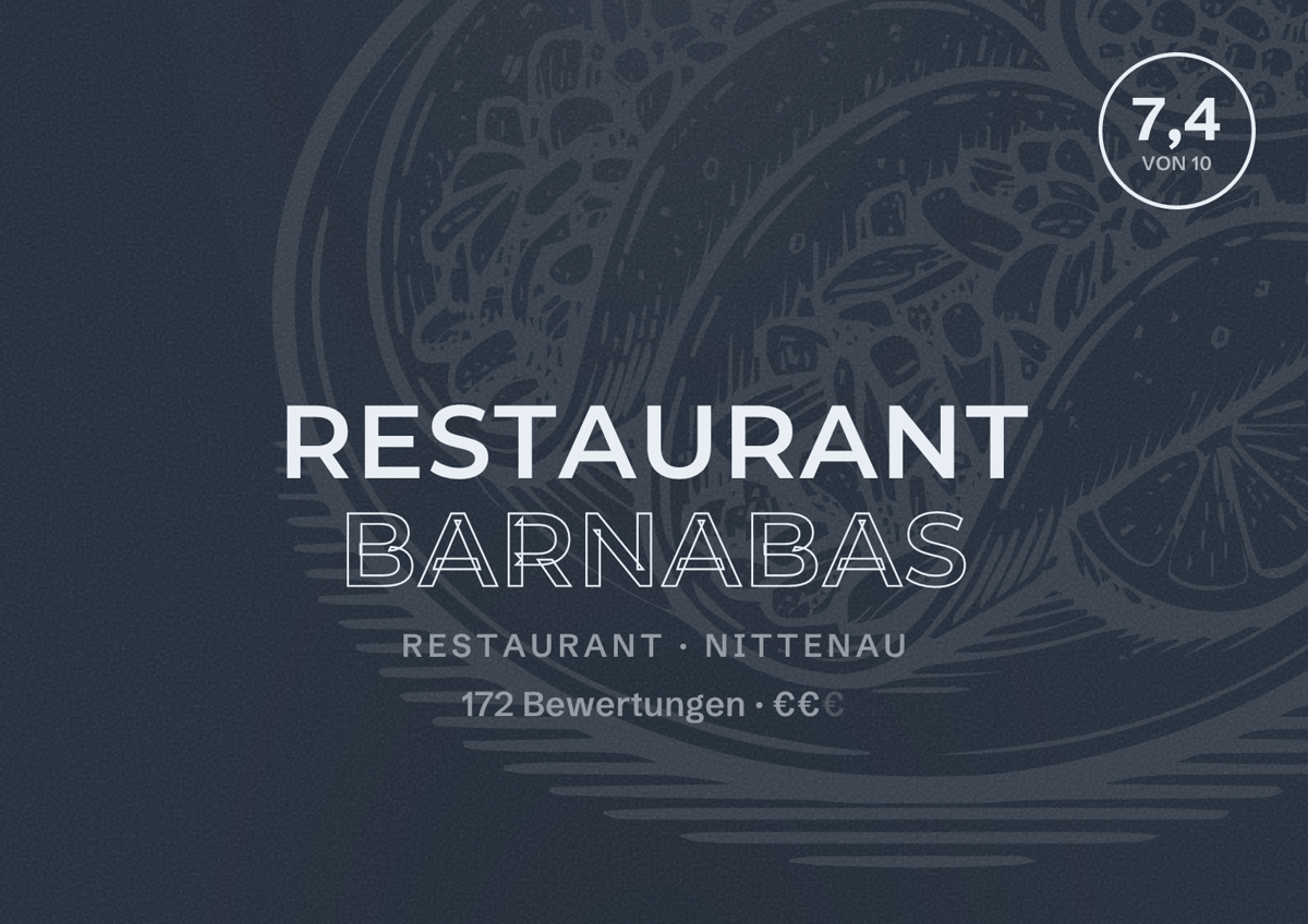 Illustriertes Poster von Restaurant Barnabas, Restaurant in Nittenau: Bewertung 7,4 von 10 aus 172 Bewertungen, Preisniveau €€