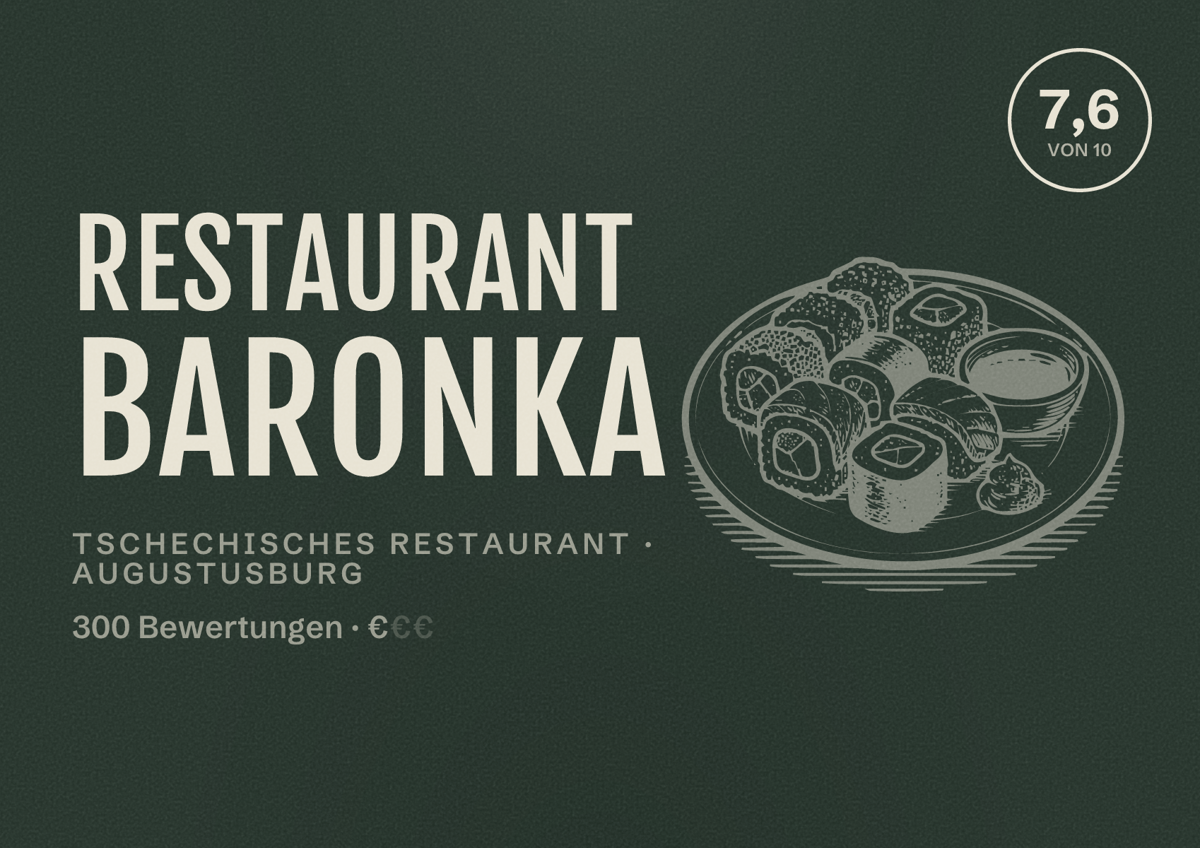 Illustriertes Poster von Restaurant Baronka, Tschechisches Restaurant in Augustusburg: Bewertung 7,6 von 10 aus 300 Bewertungen, Preisniveau €