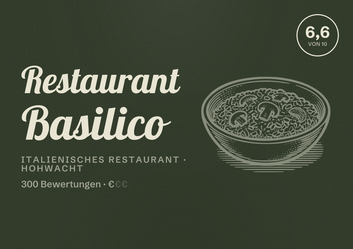 Illustriertes Poster von Restaurant Basilico, Italienisches Restaurant in Hohwacht: Bewertung 6,6 von 10 aus 300 Bewertungen, Preisniveau €