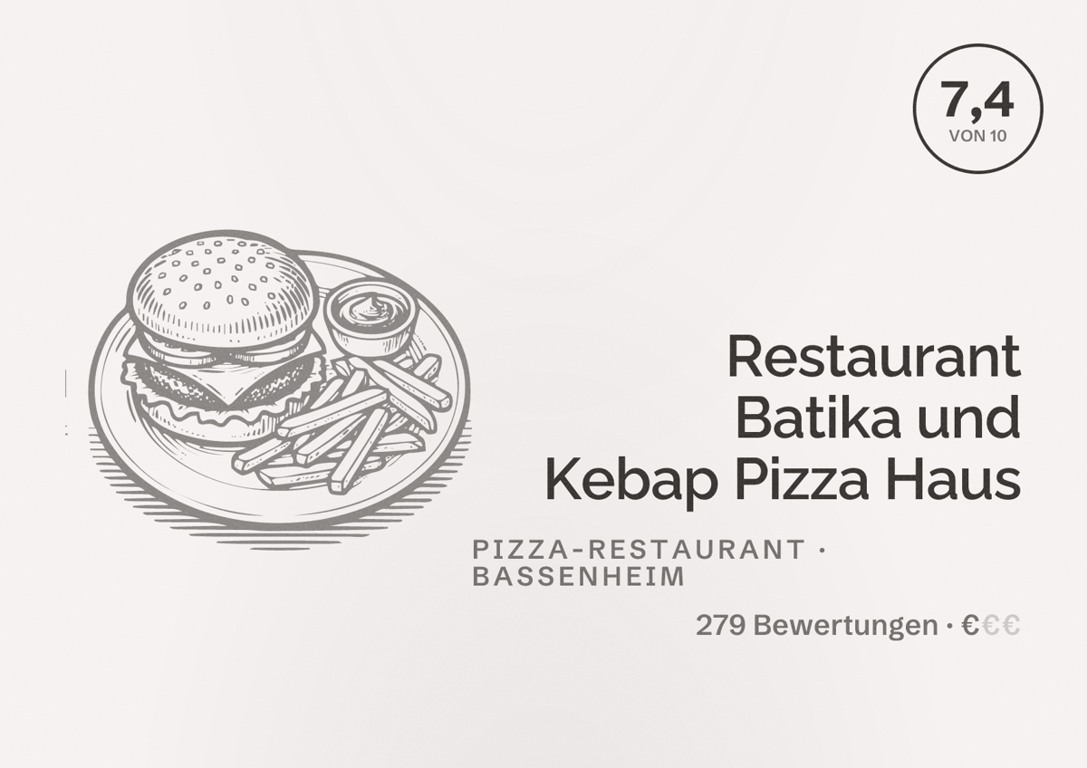 Illustriertes Poster von Restaurant Batika und Kebap Pizza Haus, Pizza-Restaurant in Bassenheim: Bewertung 7,4 von 10 aus 279 Bewertungen, Preisniveau €
