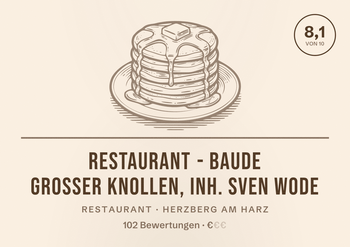 Illustriertes Poster von Restaurant - Baude Großer Knollen, Inh. Sven Wode, Restaurant in Herzberg am Harz: Bewertung 8,1 von 10 aus 102 Bewertungen, Preisniveau €