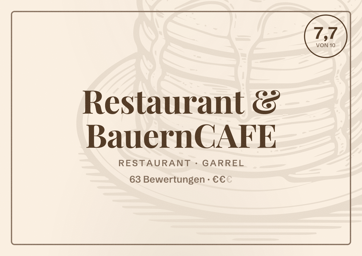 Illustriertes Poster von Restaurant & BauernCAFE, Restaurant in Garrel: Bewertung 7,7 von 10 aus 63 Bewertungen, Preisniveau €€